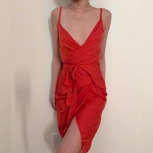 Orange tie waist satin shift dress